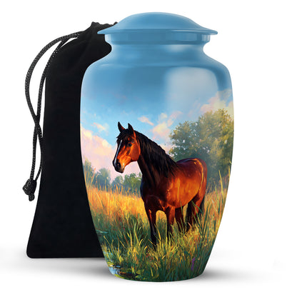 Powder Blue Horse Cremation Urn angled view of lid and engraved motif - timeless horse motif etched into premium metal - full-size 10 inch 200 cubic inch adult cremation urn