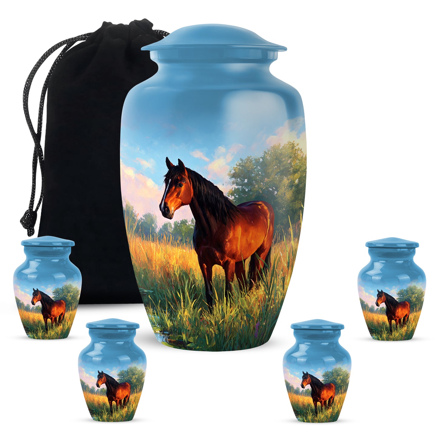Calming Blue Horse Cremation Urn top-down view of secure threaded lid - traditional horse engraving with hand-polished finish - memorial set with one large and four small urns