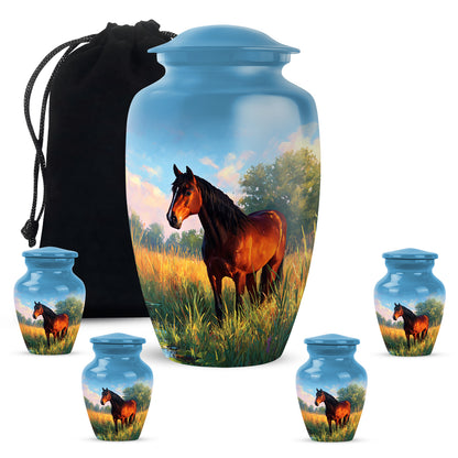 Calming Blue Horse Cremation Urn top-down view of secure threaded lid - traditional horse engraving with hand-polished finish - memorial set with one large and four small urns