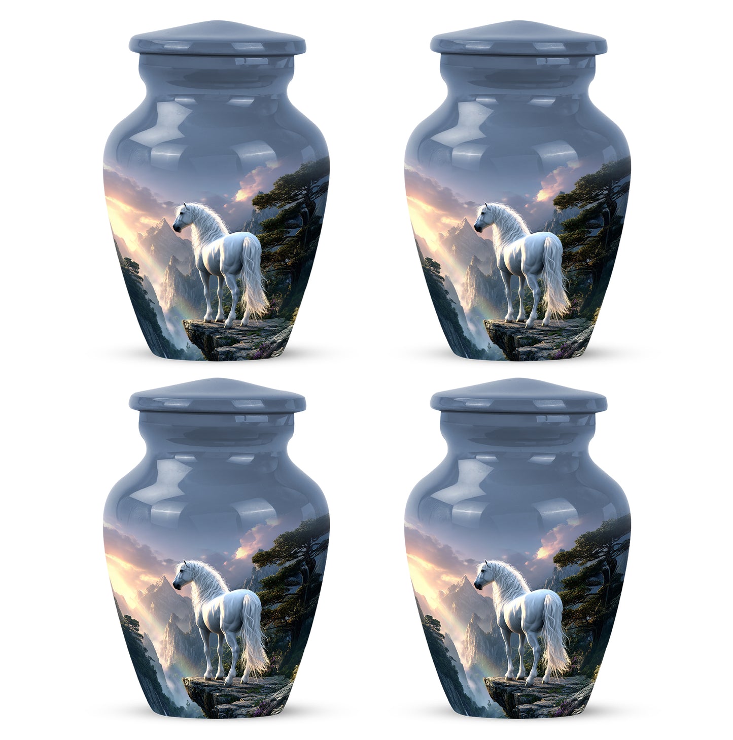 Slate Blue Horse Cremation Urn side profile showing urn shape - classic sculpted horse pattern on smooth aluminum - 10 inch aluminum urn for cremated remains