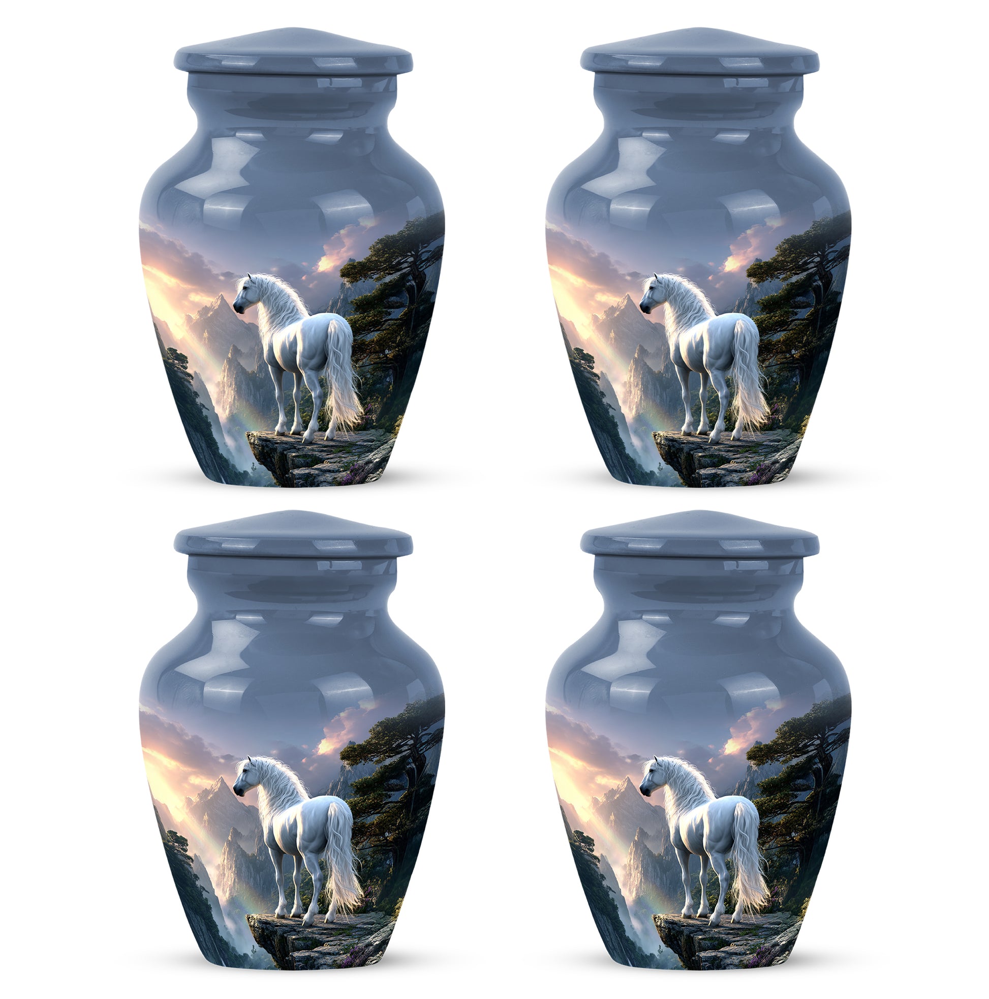 Slate Blue Horse Cremation Urn side profile showing urn shape - classic sculpted horse pattern on smooth aluminum - 10 inch aluminum urn for cremated remains