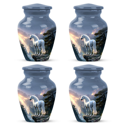 Slate Blue Horse Cremation Urn side profile showing urn shape - classic sculpted horse pattern on smooth aluminum - 10 inch aluminum urn for cremated remains