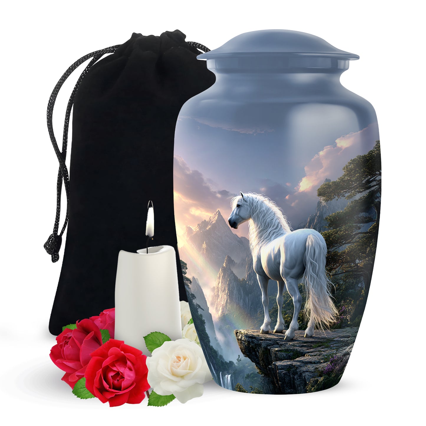Vivid Blue Horse Cremation Urn angled view of lid and engraved motif - traditional horse engraving with hand-polished finish - full-size 10 inch 200 cubic inch adult cremation urn