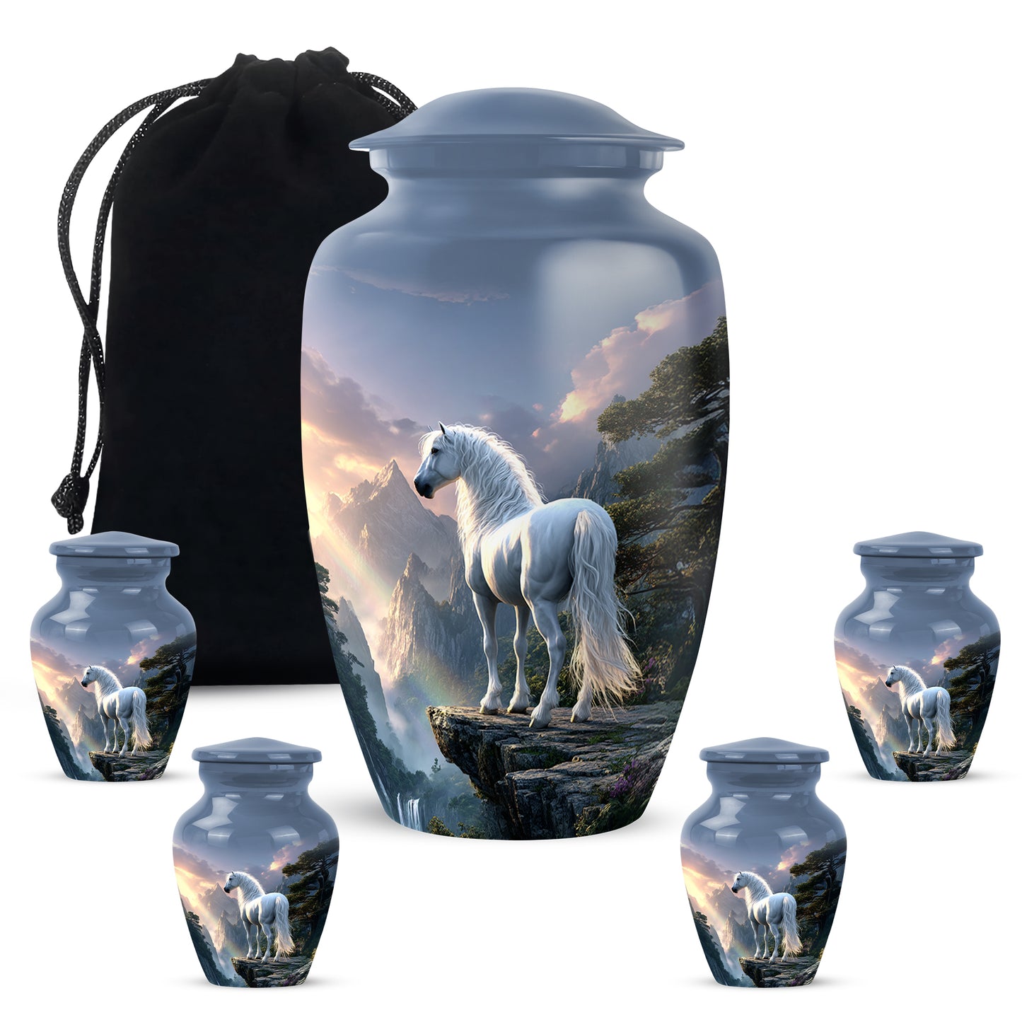 Cornflower Blue Horse Cremation Urn top-down view of secure threaded lid - elegant classic horse relief with fine detailing - memorial set with one large and four small urns