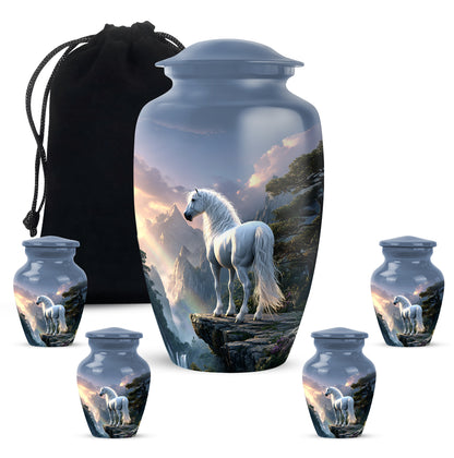 Cornflower Blue Horse Cremation Urn top-down view of secure threaded lid - elegant classic horse relief with fine detailing - memorial set with one large and four small urns