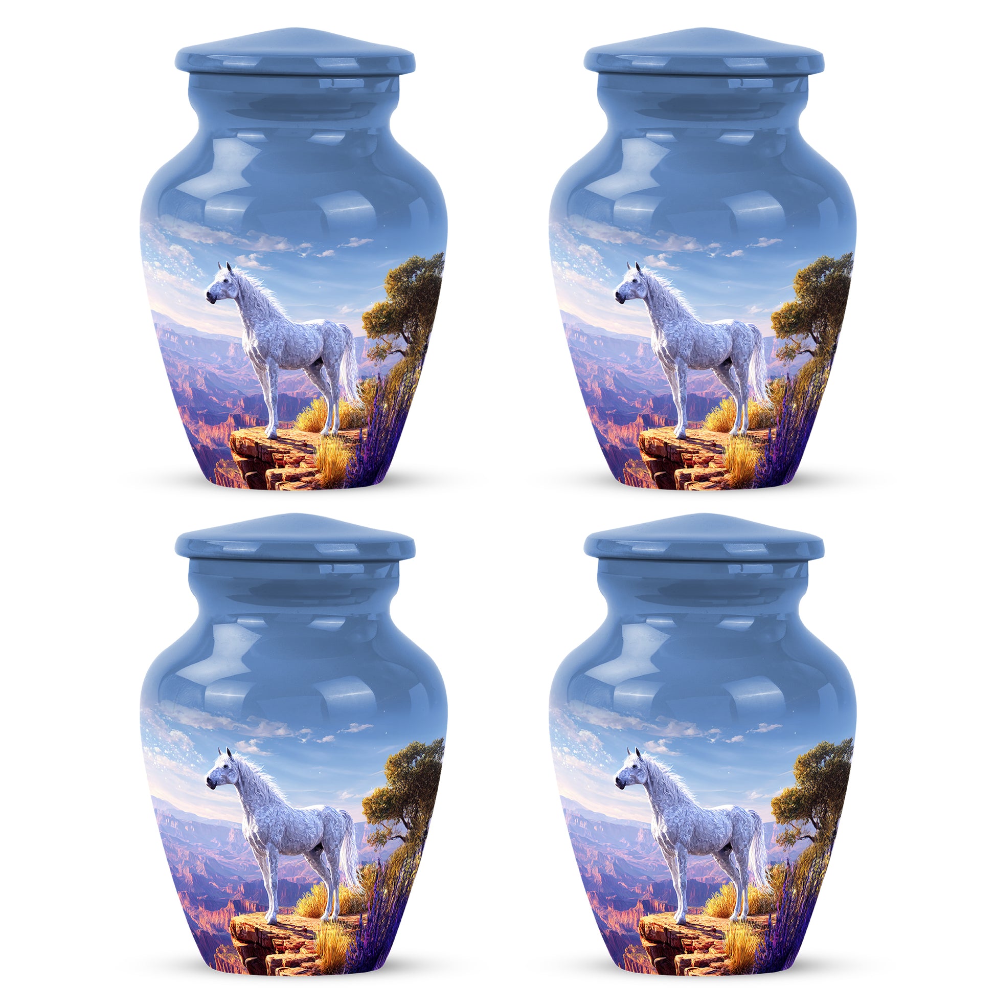 Navy Blue Horse Cremation Urn side profile showing urn shape - classic sculpted horse pattern on smooth aluminum - 10 inch aluminum urn for cremated remains