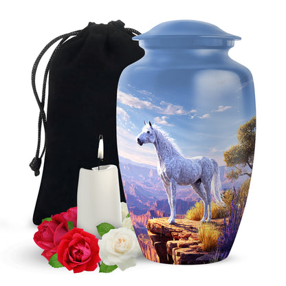 Sapphire Blue Horse Cremation Urn angled view of lid and engraved motif - elegant classic horse relief with fine detailing - full-size 10 inch 200 cubic inch adult cremation urn