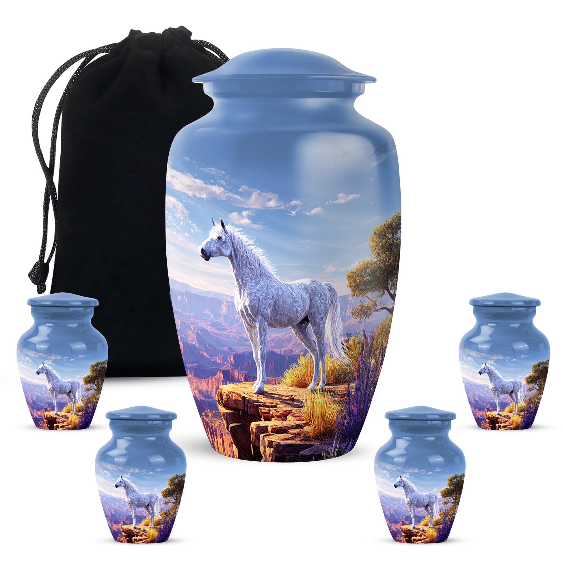 Powder Blue Horse Cremation Urn top-down view of secure threaded lid - timeless horse motif etched into premium metal - memorial set with one large and four small urns