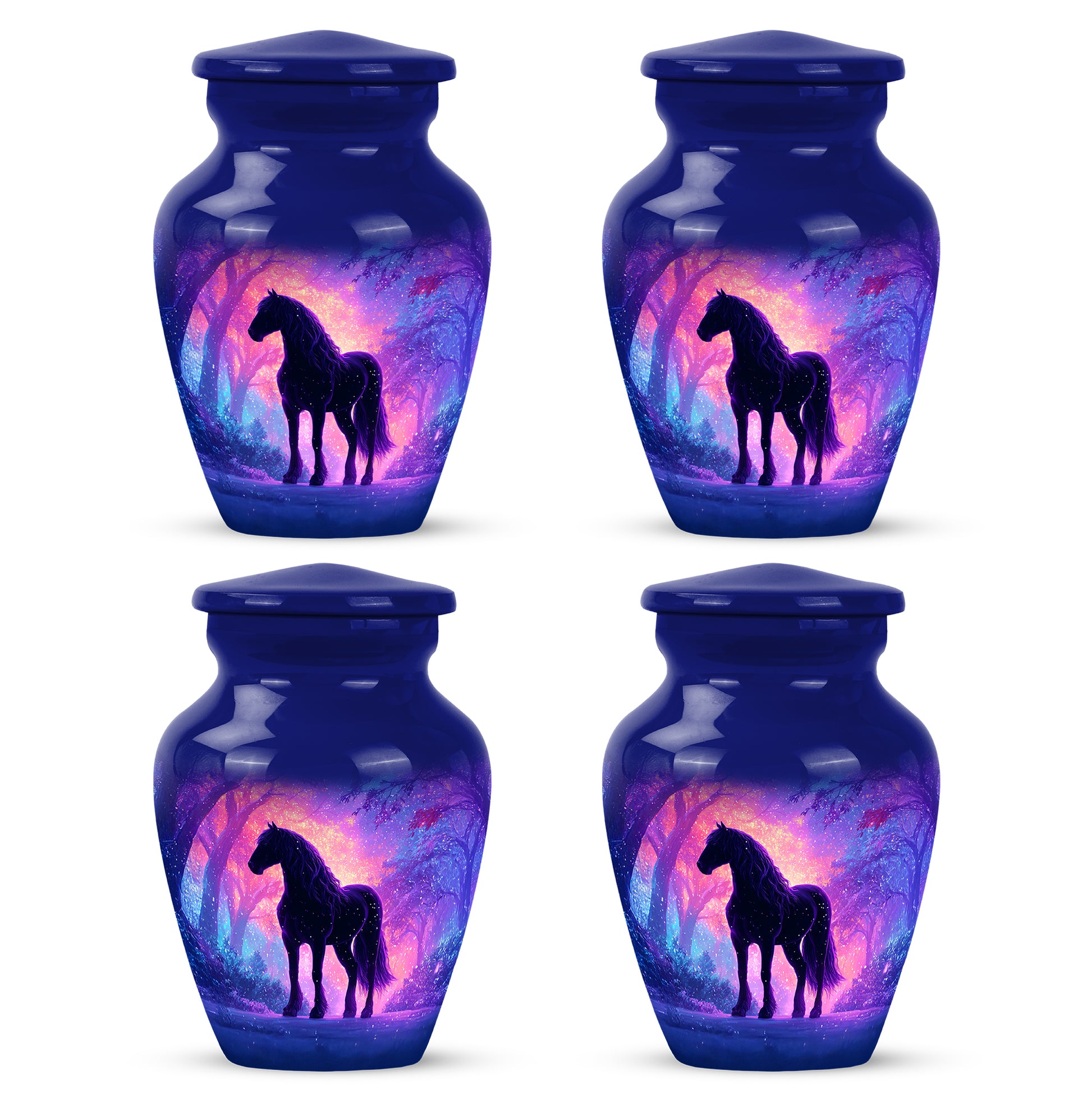 Azure Horse Cremation Urn side profile showing urn shape - classic sculpted horse pattern on smooth aluminum - 10 inch aluminum urn for cremated remains