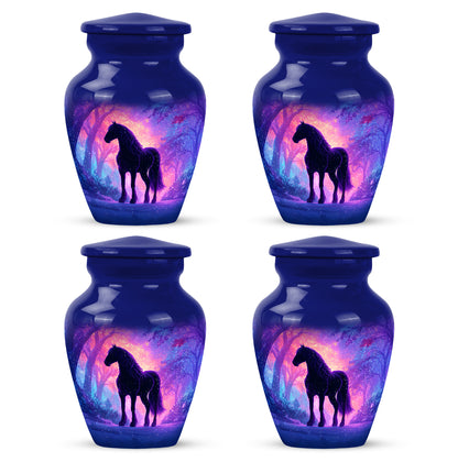 Azure Horse Cremation Urn side profile showing urn shape - classic sculpted horse pattern on smooth aluminum - 10 inch aluminum urn for cremated remains