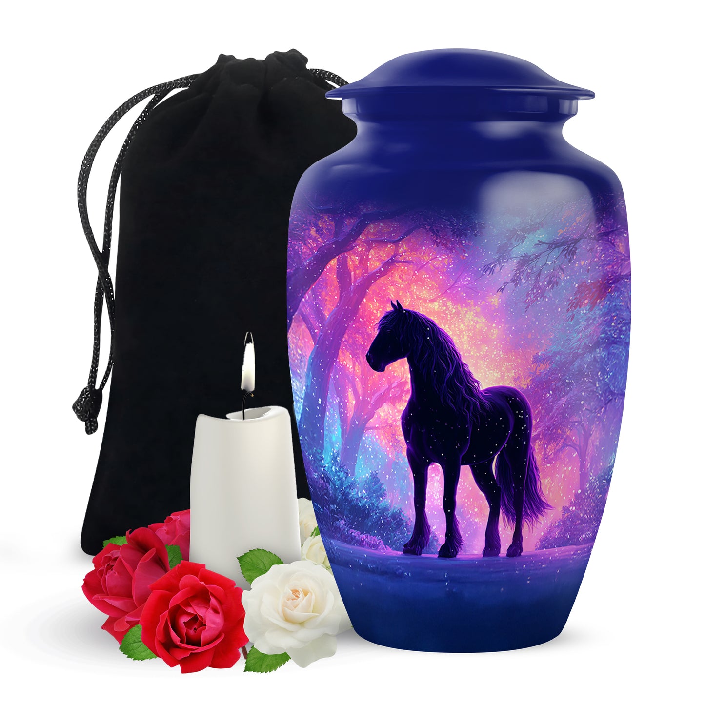 Icy Blue Horse Cremation Urn angled view of lid and engraved motif - classic sculpted horse pattern on smooth aluminum - full-size 10 inch 200 cubic inch adult cremation urn