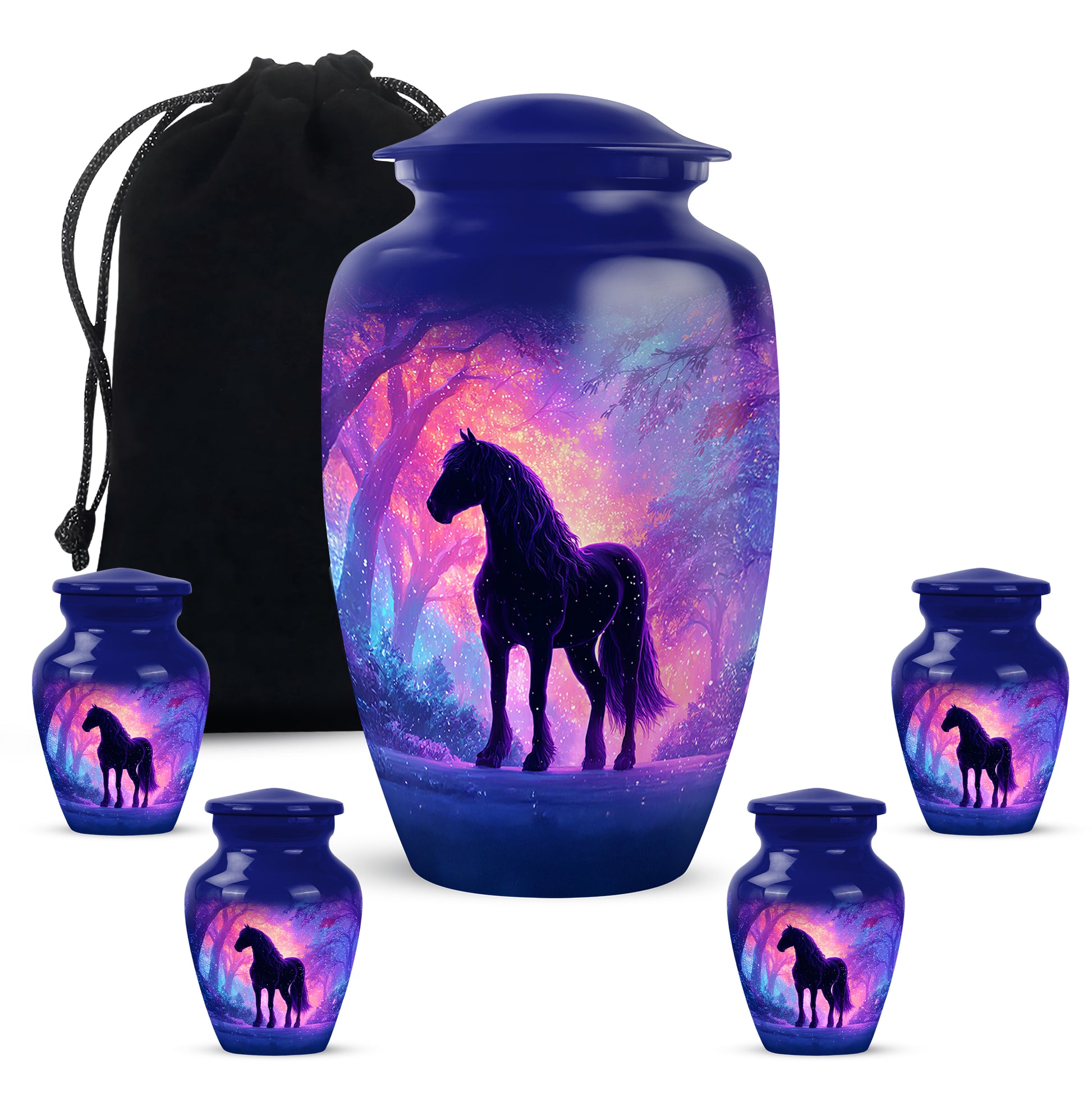 Vivid Blue Horse Cremation Urn top-down view of secure threaded lid - elegant classic horse relief with fine detailing - memorial set with one large and four small urns