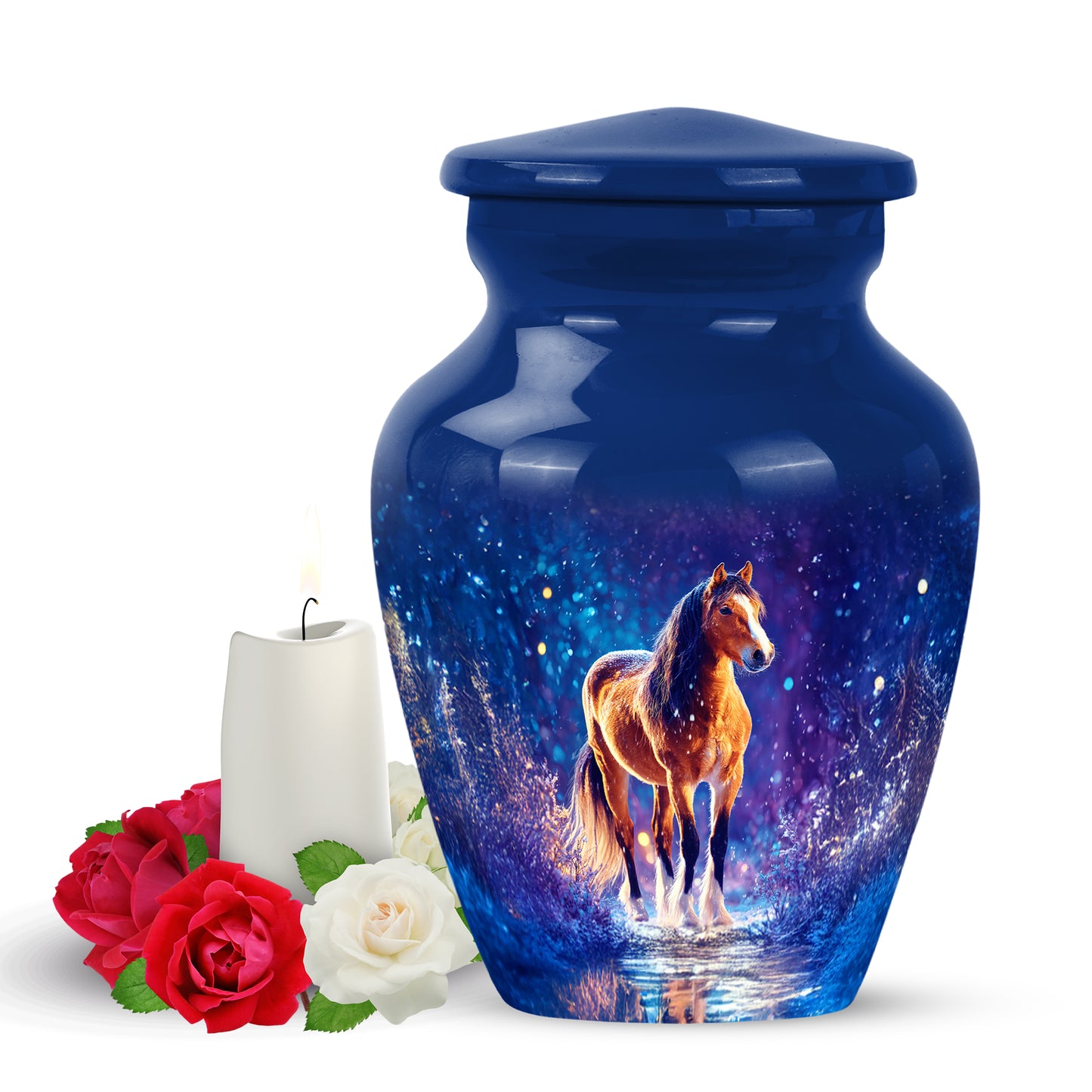 Personalized Blue Steadfast Horse Cremation Urns for Human Ashes - 10-inch, 200 cu in - Yatskia