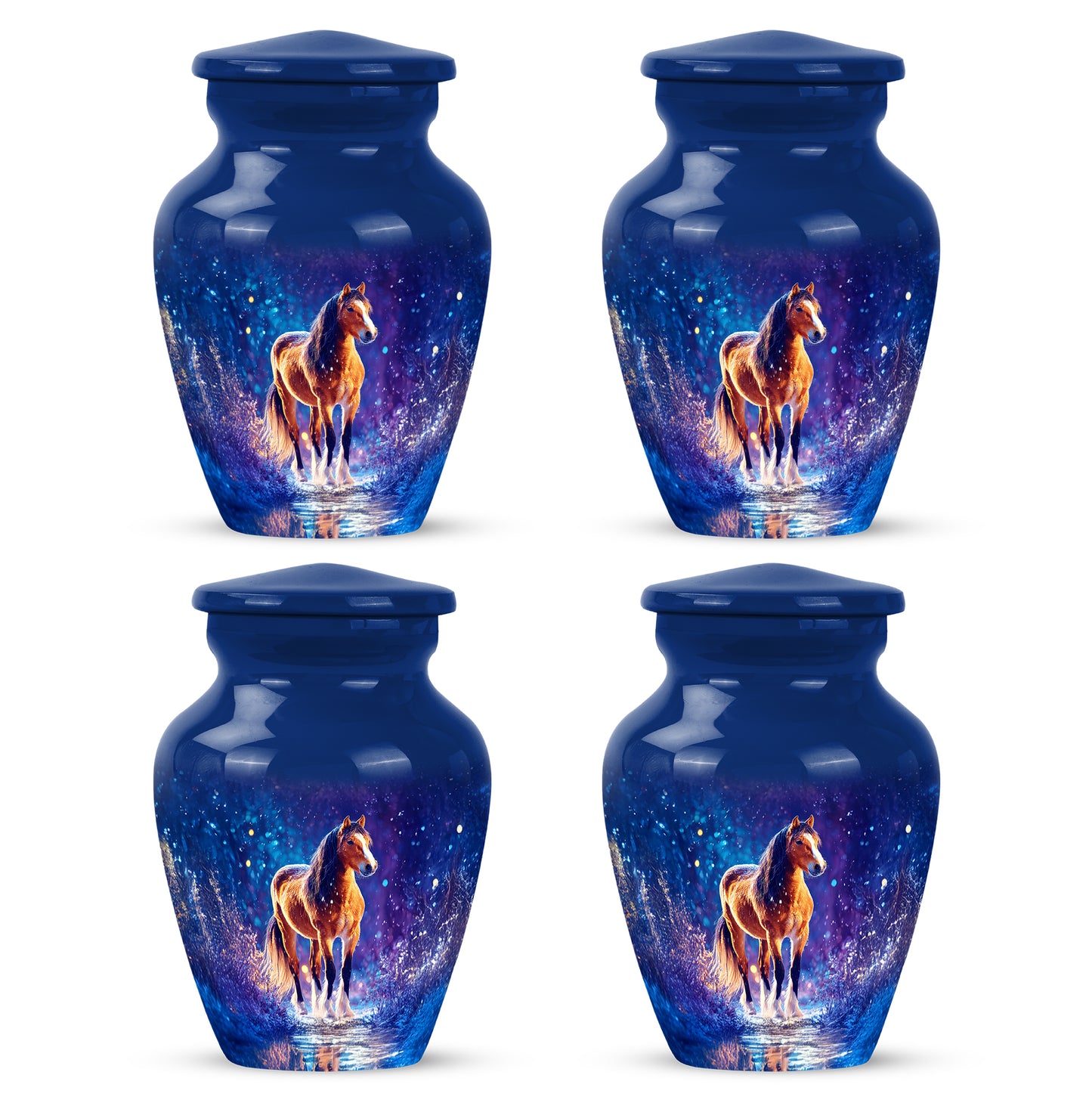 Celestial Blue Horse Cremation Urn side profile showing urn shape - timeless horse motif etched into premium metal - 10 inch aluminum urn for cremated remains