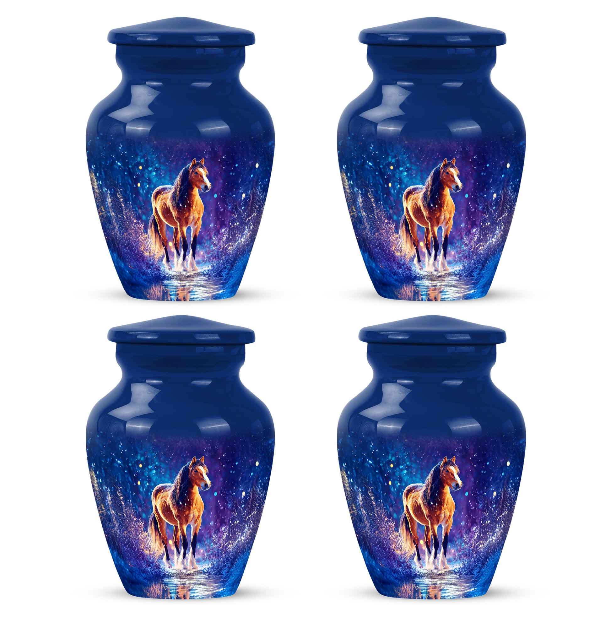 Celestial Blue Horse Cremation Urn side profile showing urn shape - timeless horse motif etched into premium metal - 10 inch aluminum urn for cremated remains