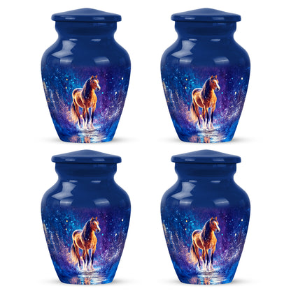 Celestial Blue Horse Cremation Urn side profile showing urn shape - timeless horse motif etched into premium metal - 10 inch aluminum urn for cremated remains