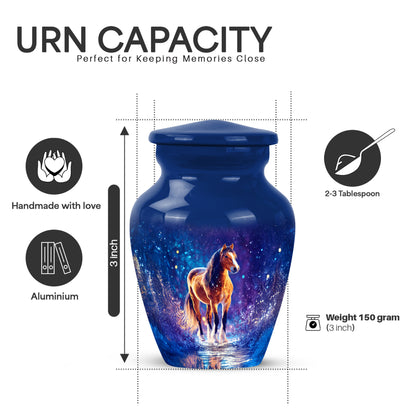 Celestial Blue Horse Cremation Urn close-up of engraving and surface detail - classic sculpted horse pattern on smooth aluminum - mini keepsake memorial for portion of cremation ashes