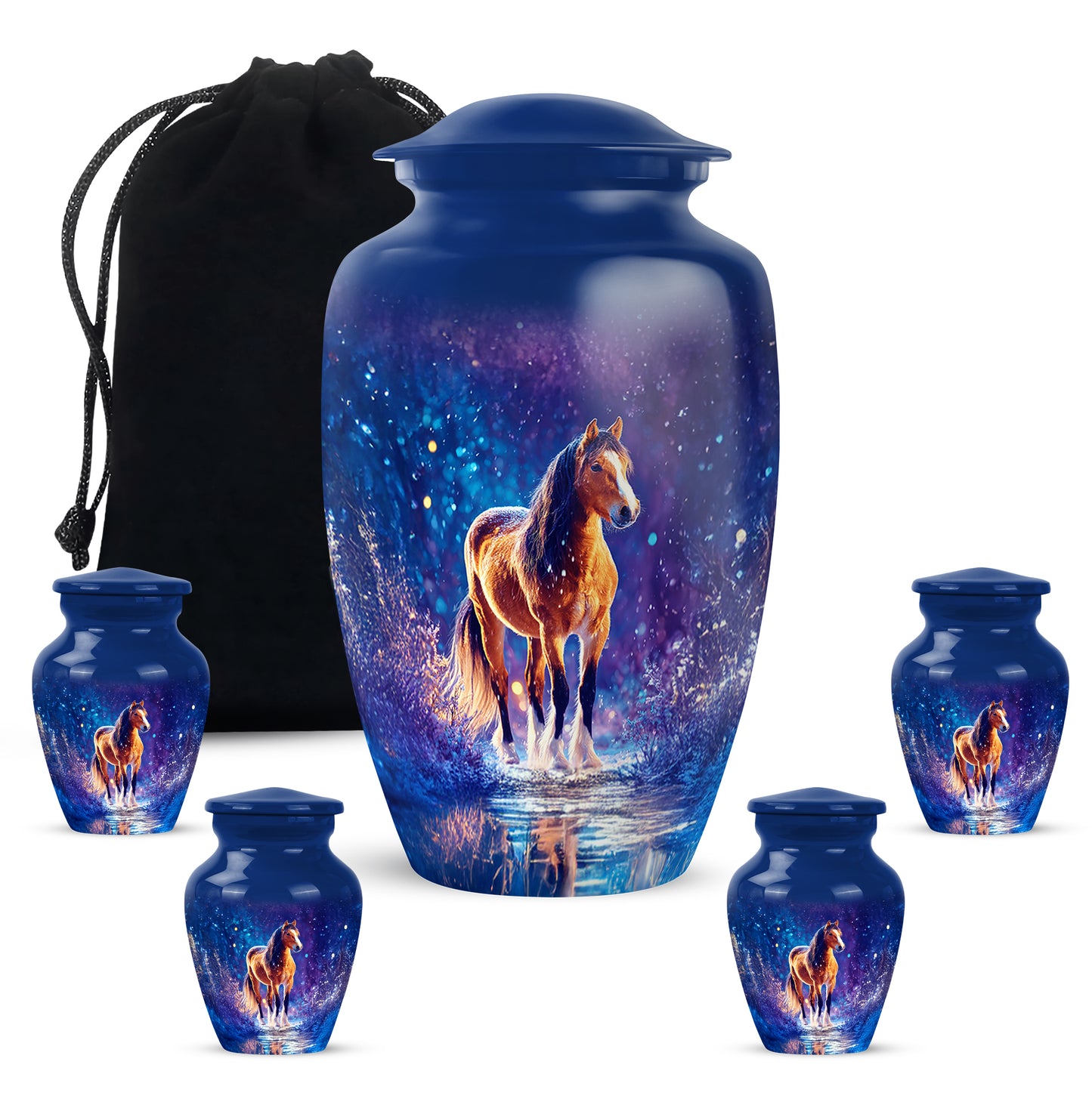 Cobalt Blue Horse Cremation Urn top-down view of secure threaded lid - elegant classic horse relief with fine detailing - memorial set with one large and four small urns