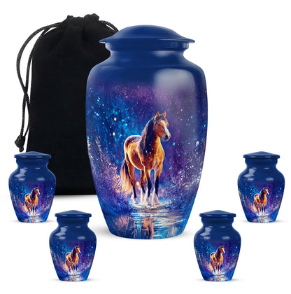 Cobalt Blue Horse Cremation Urn top-down view of secure threaded lid - elegant classic horse relief with fine detailing - memorial set with one large and four small urns