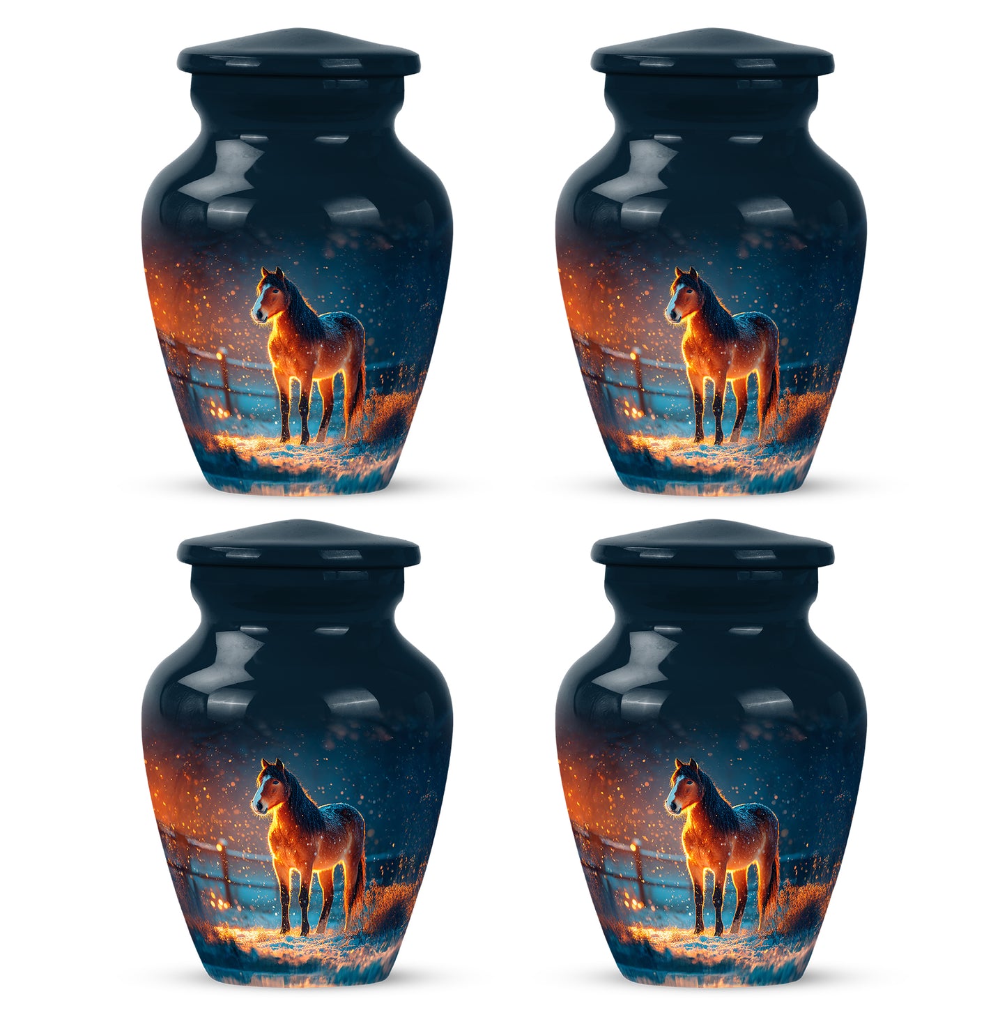 Sky Blue Horse Cremation Urn side profile showing urn shape - classic sculpted horse pattern on smooth aluminum - 10 inch aluminum urn for cremated remains