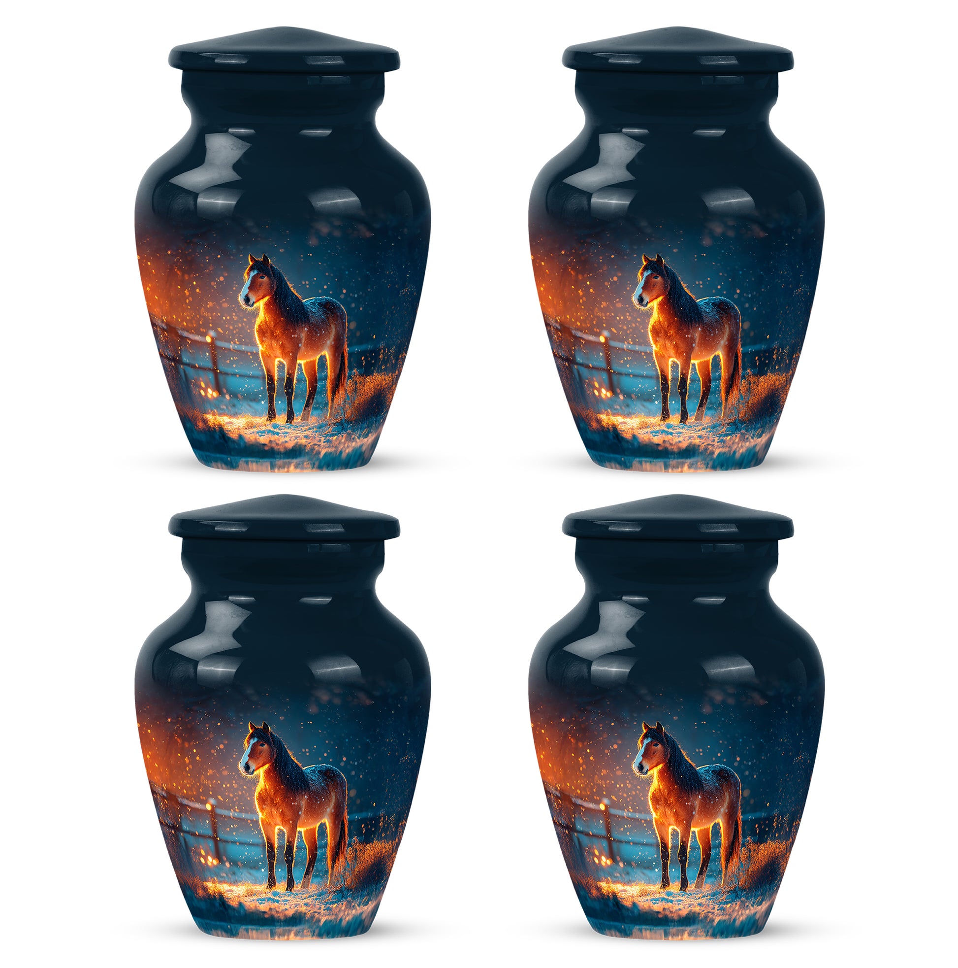 Sky Blue Horse Cremation Urn side profile showing urn shape - classic sculpted horse pattern on smooth aluminum - 10 inch aluminum urn for cremated remains