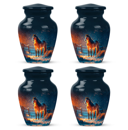 Sky Blue Horse Cremation Urn side profile showing urn shape - classic sculpted horse pattern on smooth aluminum - 10 inch aluminum urn for cremated remains