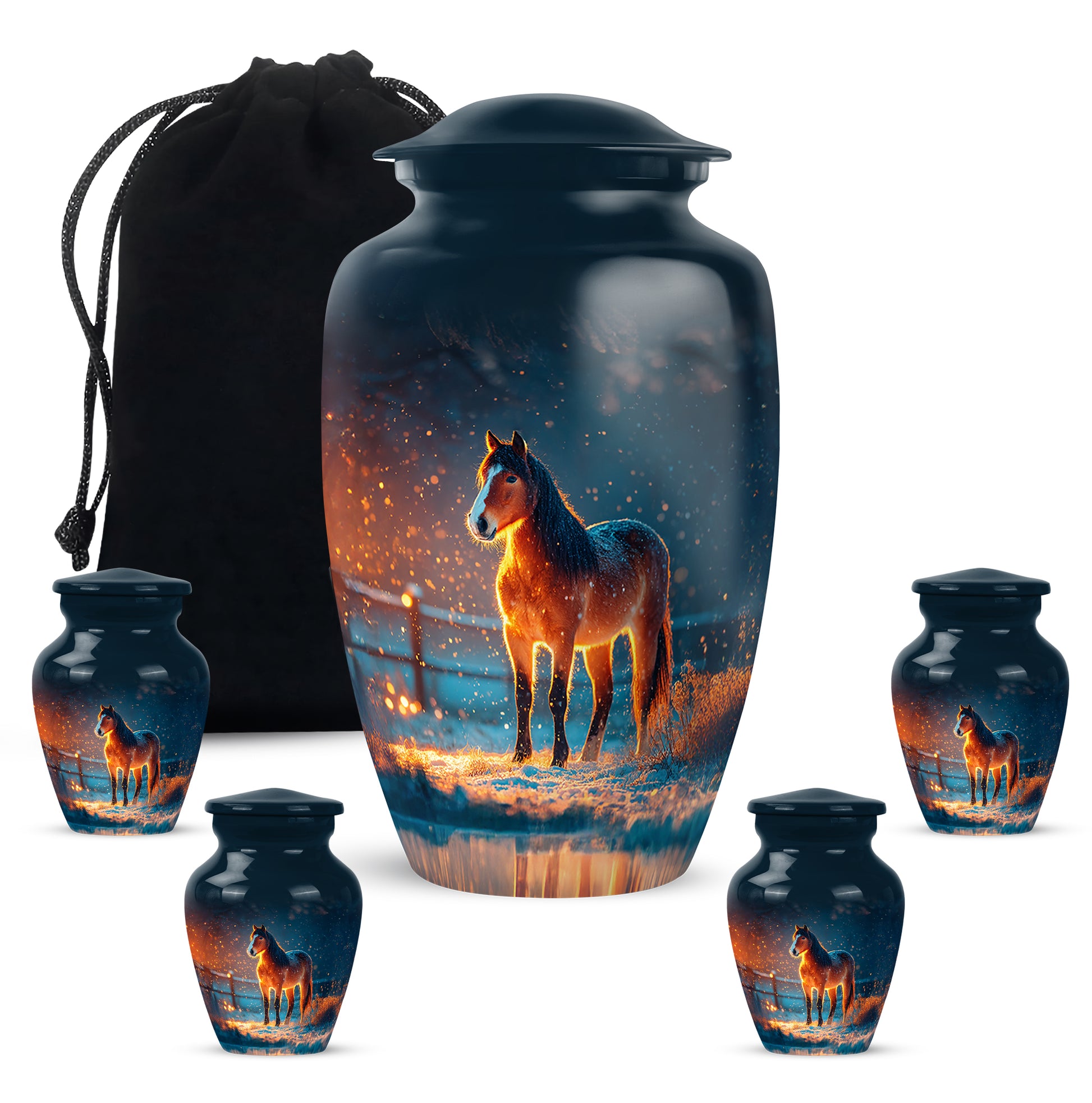 Misty Blue Horse Cremation Urn top-down view of secure threaded lid - timeless horse motif etched into premium metal - memorial set with one large and four small urns