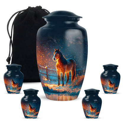 Misty Blue Horse Cremation Urn top-down view of secure threaded lid - timeless horse motif etched into premium metal - memorial set with one large and four small urns