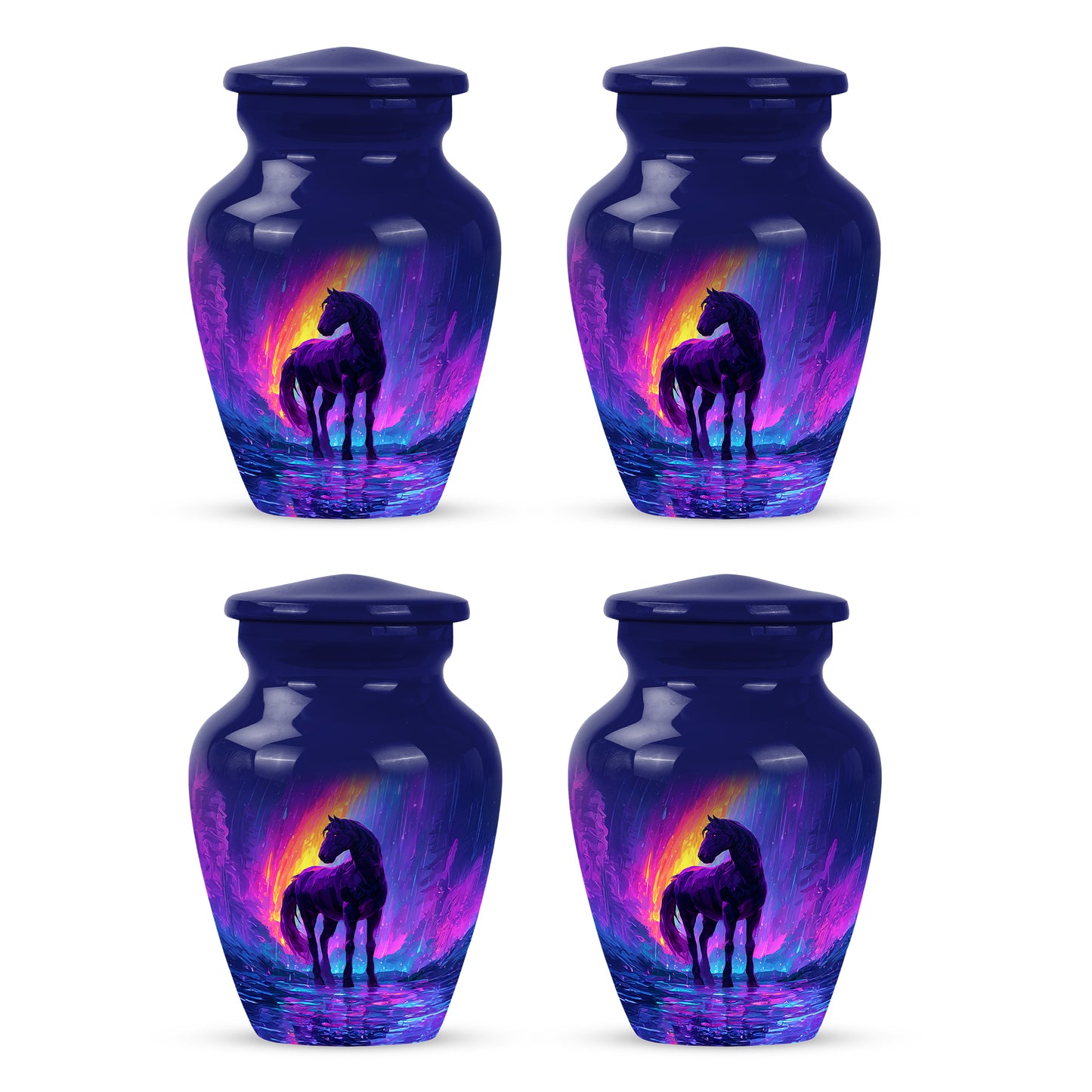 Royal Blue Horse Cremation Urn side profile showing urn shape - elegant classic horse relief with fine detailing - 10 inch aluminum urn for cremated remains