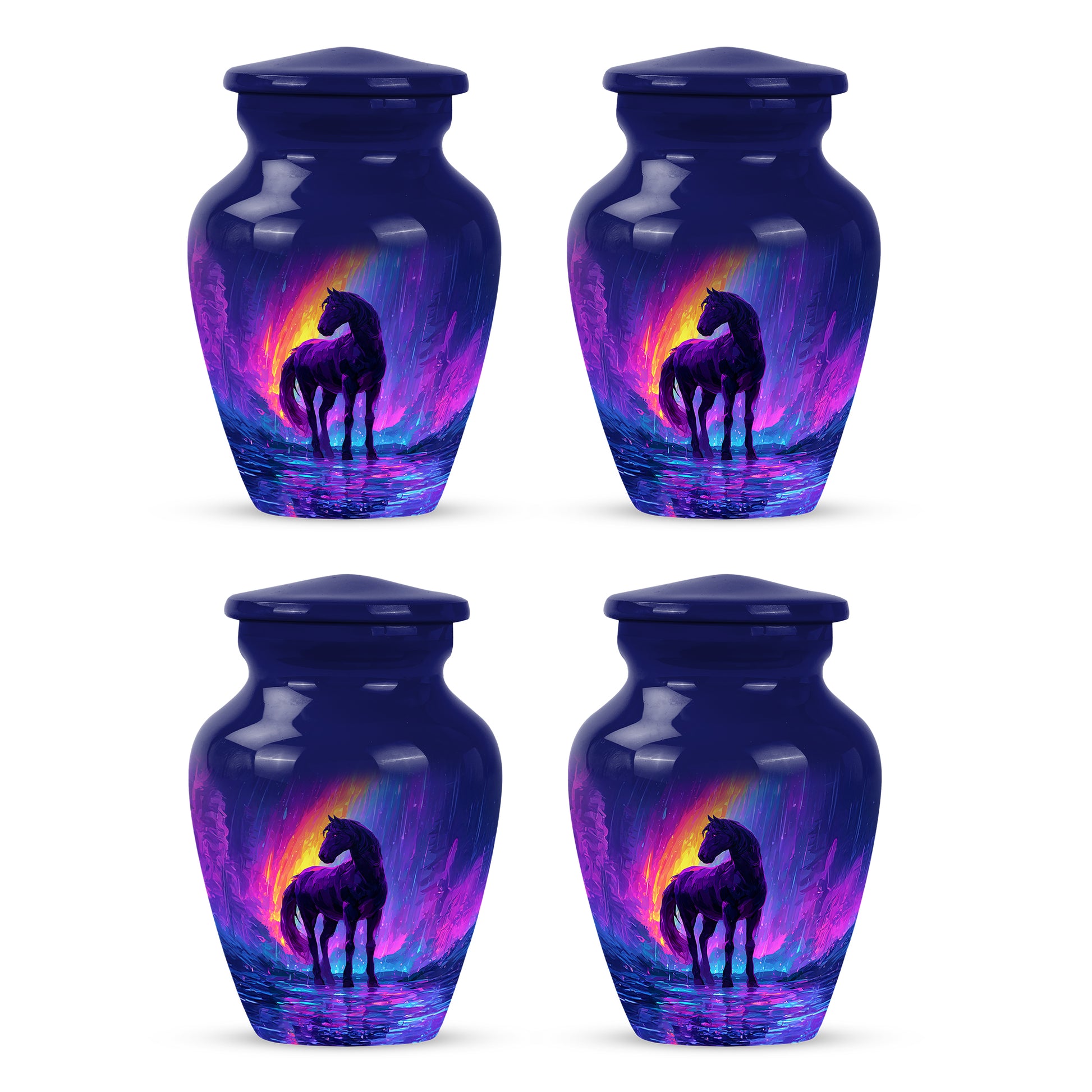 Royal Blue Horse Cremation Urn side profile showing urn shape - elegant classic horse relief with fine detailing - 10 inch aluminum urn for cremated remains