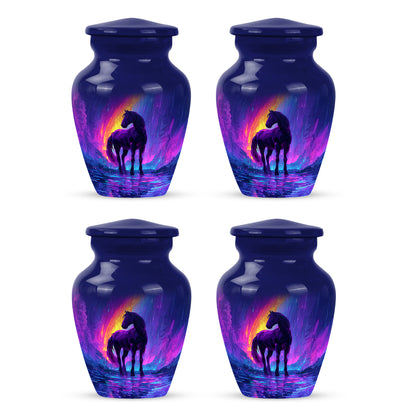 Royal Blue Horse Cremation Urn side profile showing urn shape - elegant classic horse relief with fine detailing - 10 inch aluminum urn for cremated remains