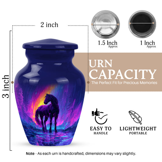 Serene Blue Horse Cremation Urn close-up of engraving and surface detail - traditional horse engraving with hand-polished finish - mini keepsake memorial for portion of cremation ashes