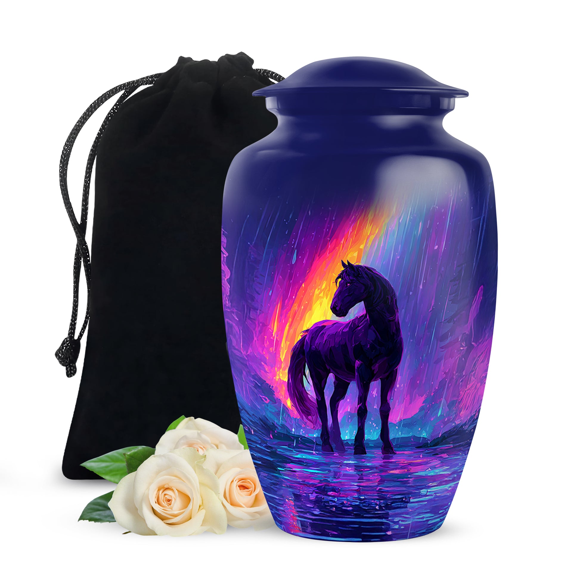 Twilight Blue Horse Cremation Urn angled view of lid and engraved motif - traditional horse engraving with hand-polished finish - full-size 10 inch 200 cubic inch adult cremation urn