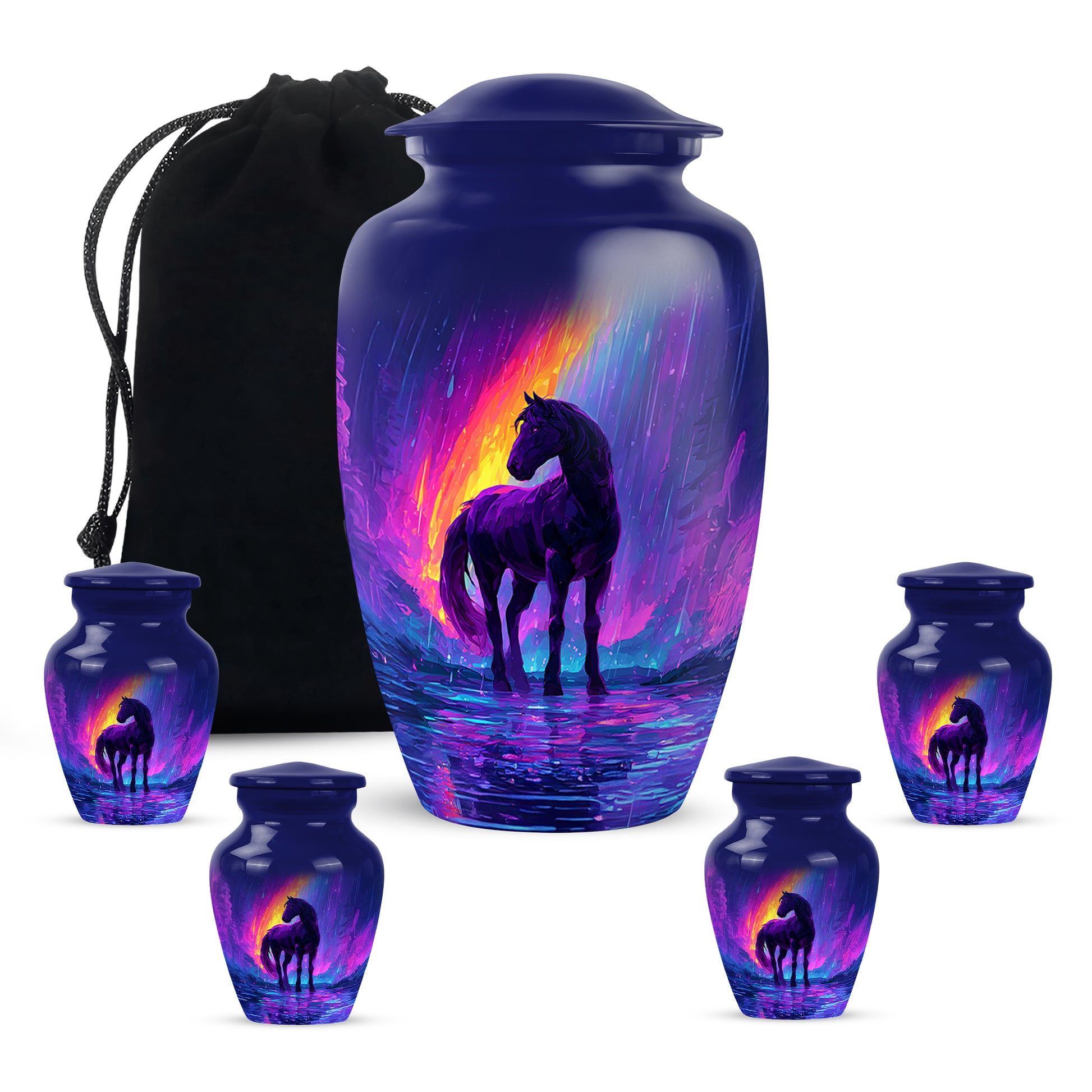 Twilight Blue Horse Cremation Urn top-down view of secure threaded lid - elegant classic horse relief with fine detailing - memorial set with one large and four small urns