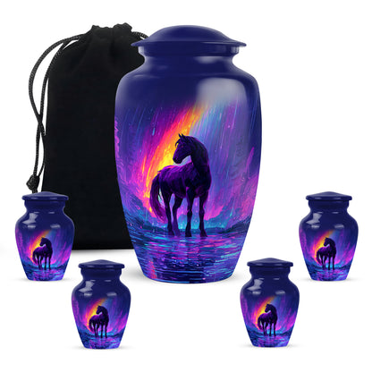Twilight Blue Horse Cremation Urn top-down view of secure threaded lid - elegant classic horse relief with fine detailing - memorial set with one large and four small urns