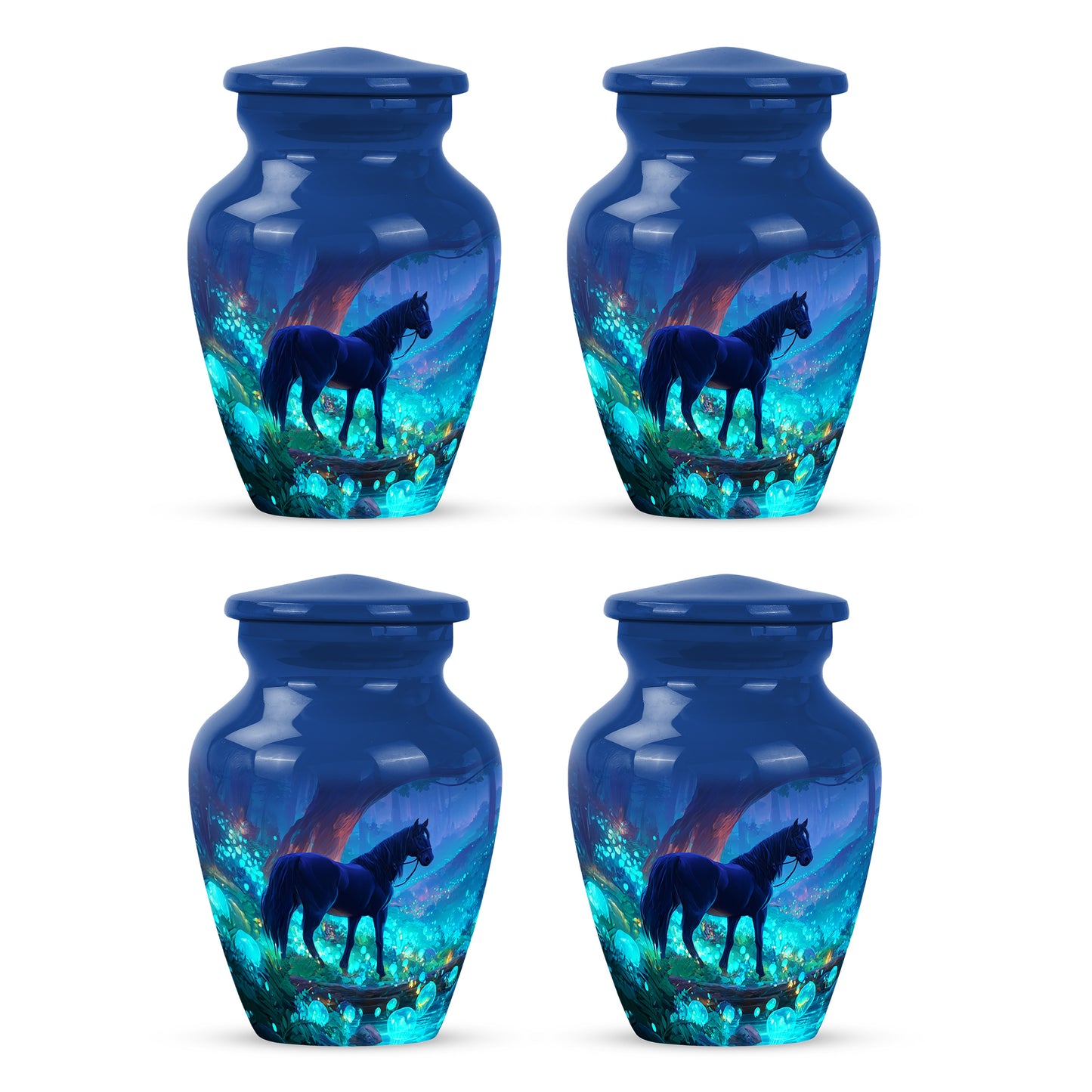 Bright Blue Horse Cremation Urn side profile showing urn shape - elegant classic horse relief with fine detailing - 10 inch aluminum urn for cremated remains