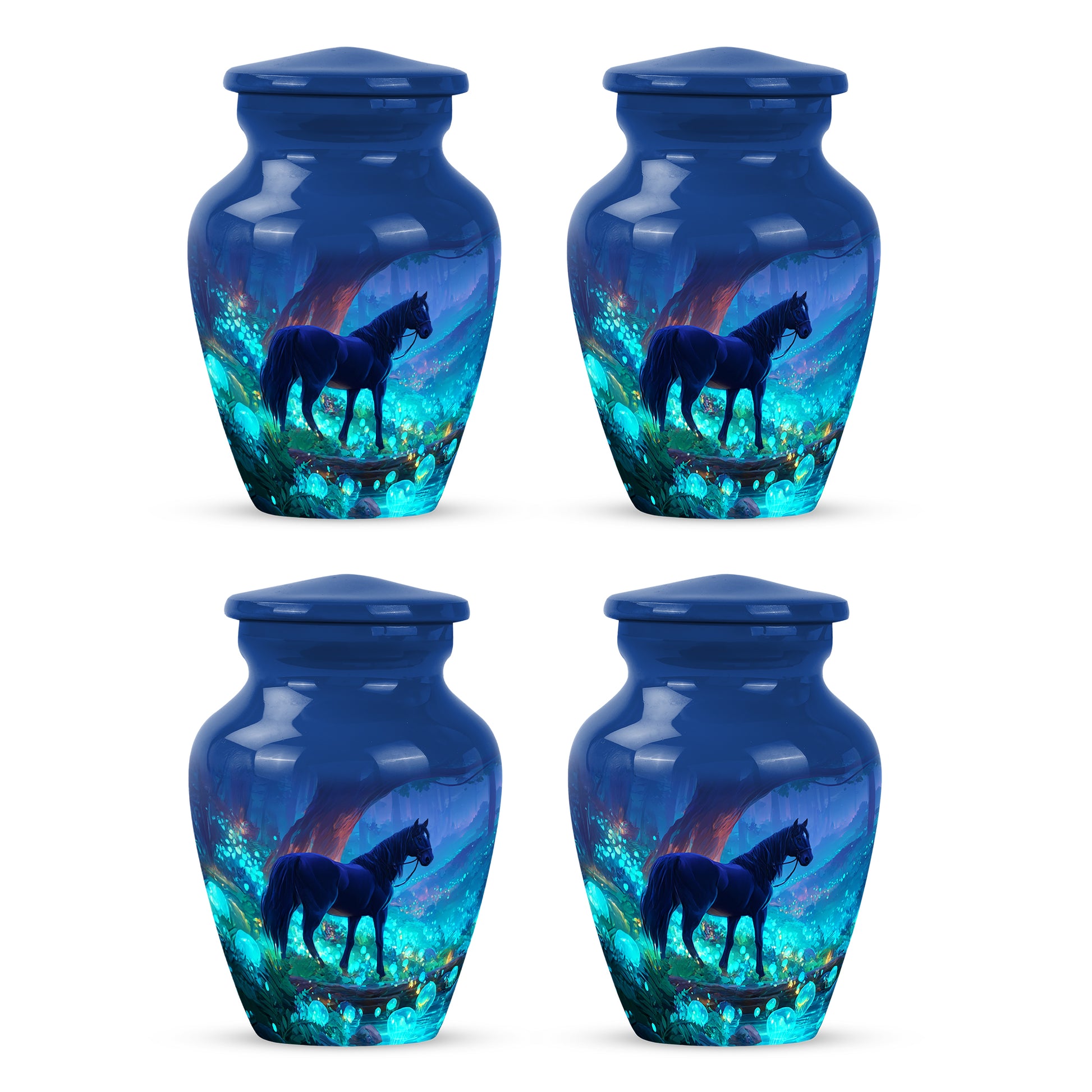 Bright Blue Horse Cremation Urn side profile showing urn shape - elegant classic horse relief with fine detailing - 10 inch aluminum urn for cremated remains