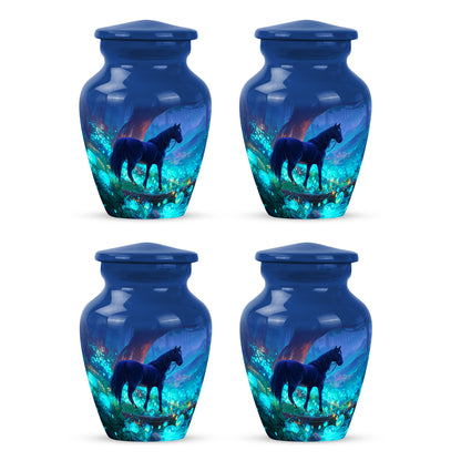 Bright Blue Horse Cremation Urn side profile showing urn shape - elegant classic horse relief with fine detailing - 10 inch aluminum urn for cremated remains
