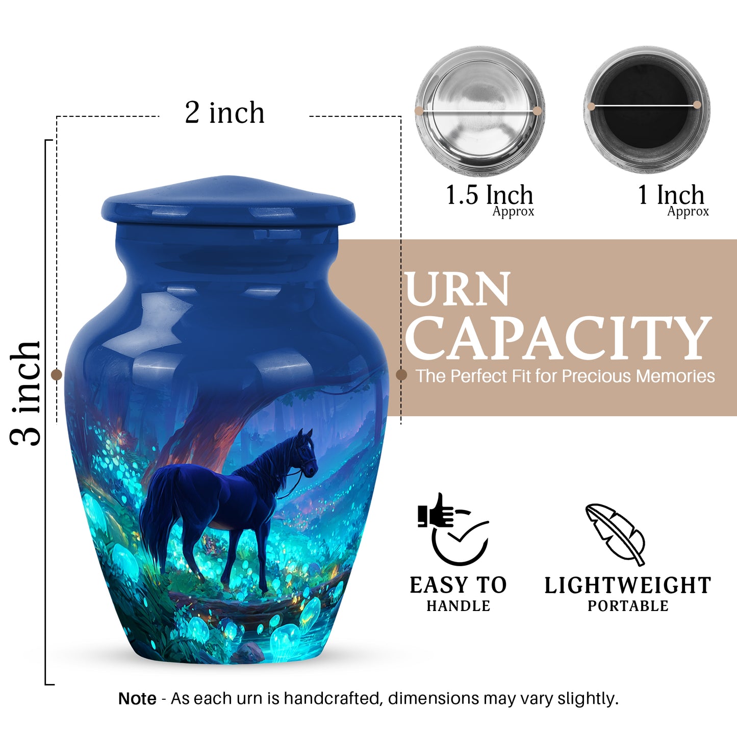 Soft Blue Horse Cremation Urn close-up of engraving and surface detail - traditional horse engraving with hand-polished finish - mini keepsake memorial for portion of cremation ashes