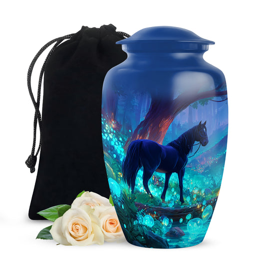 Navy Blue Horse Cremation Urn angled view of lid and engraved motif - classic sculpted horse pattern on smooth aluminum - full-size 10 inch 200 cubic inch adult cremation urn