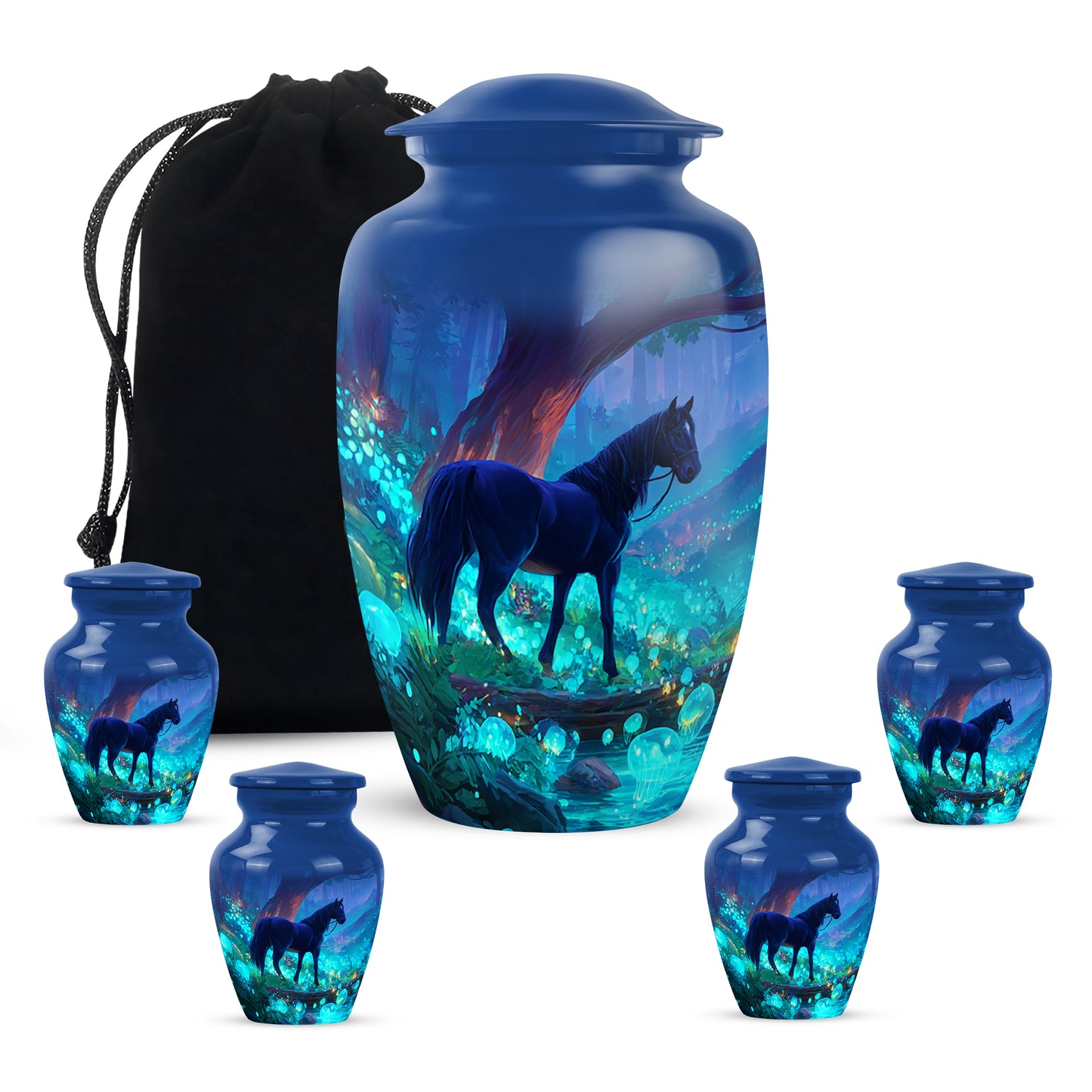 Calming Blue Horse Cremation Urn top-down view of secure threaded lid - traditional horse engraving with hand-polished finish - memorial set with one large and four small urns