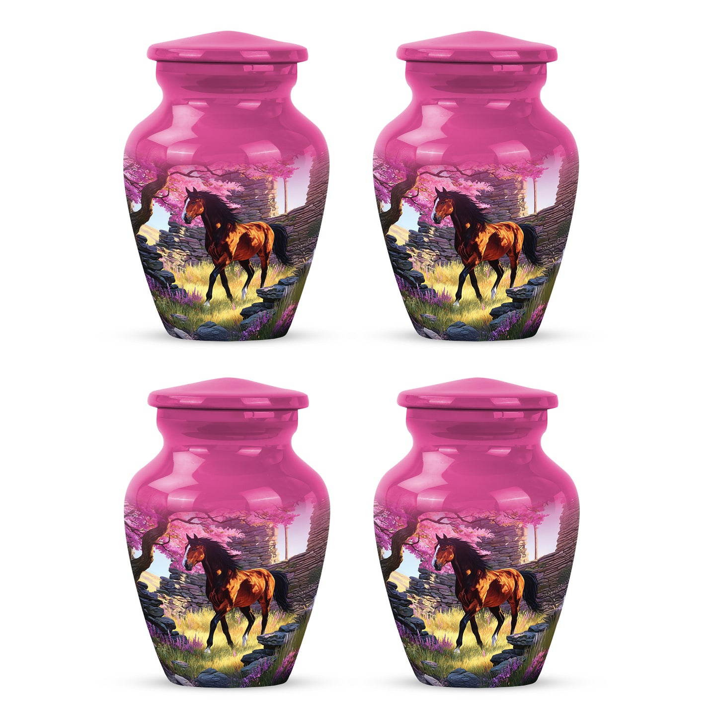 Pastel Pink Horse Cremation Urn side profile showing urn shape - timeless horse motif etched into premium metal - 10 inch aluminum urn for cremated remains