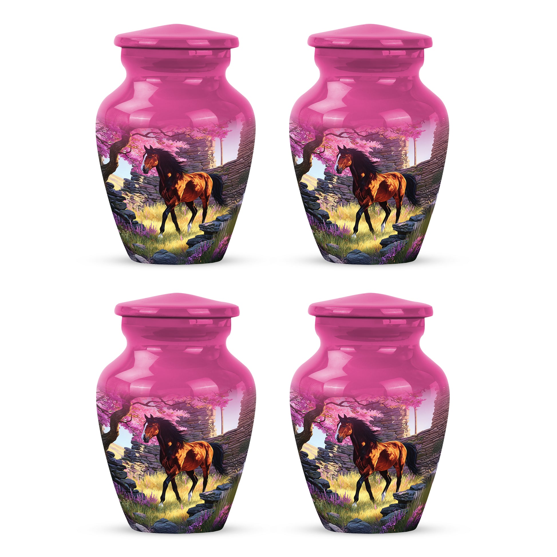 Pastel Pink Horse Cremation Urn side profile showing urn shape - timeless horse motif etched into premium metal - 10 inch aluminum urn for cremated remains