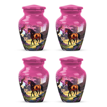 Pastel Pink Horse Cremation Urn side profile showing urn shape - timeless horse motif etched into premium metal - 10 inch aluminum urn for cremated remains