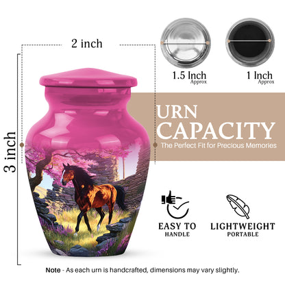 Blush Pink Horse Cremation Urn close-up of engraving and surface detail - timeless horse motif etched into premium metal - mini keepsake memorial for portion of cremation ashes