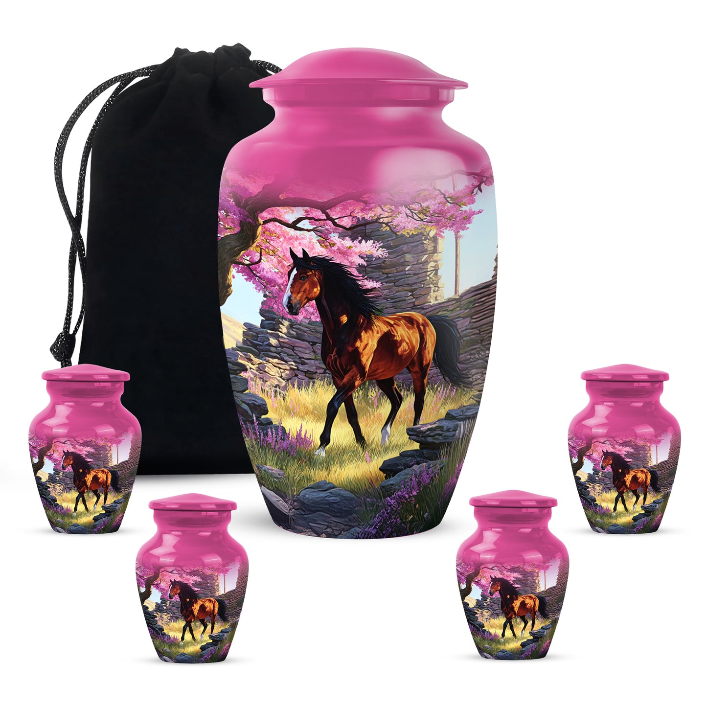 Blush Pink Horse Cremation Urn top-down view of secure threaded lid - classic sculpted horse pattern on smooth aluminum - memorial set with one large and four small urns