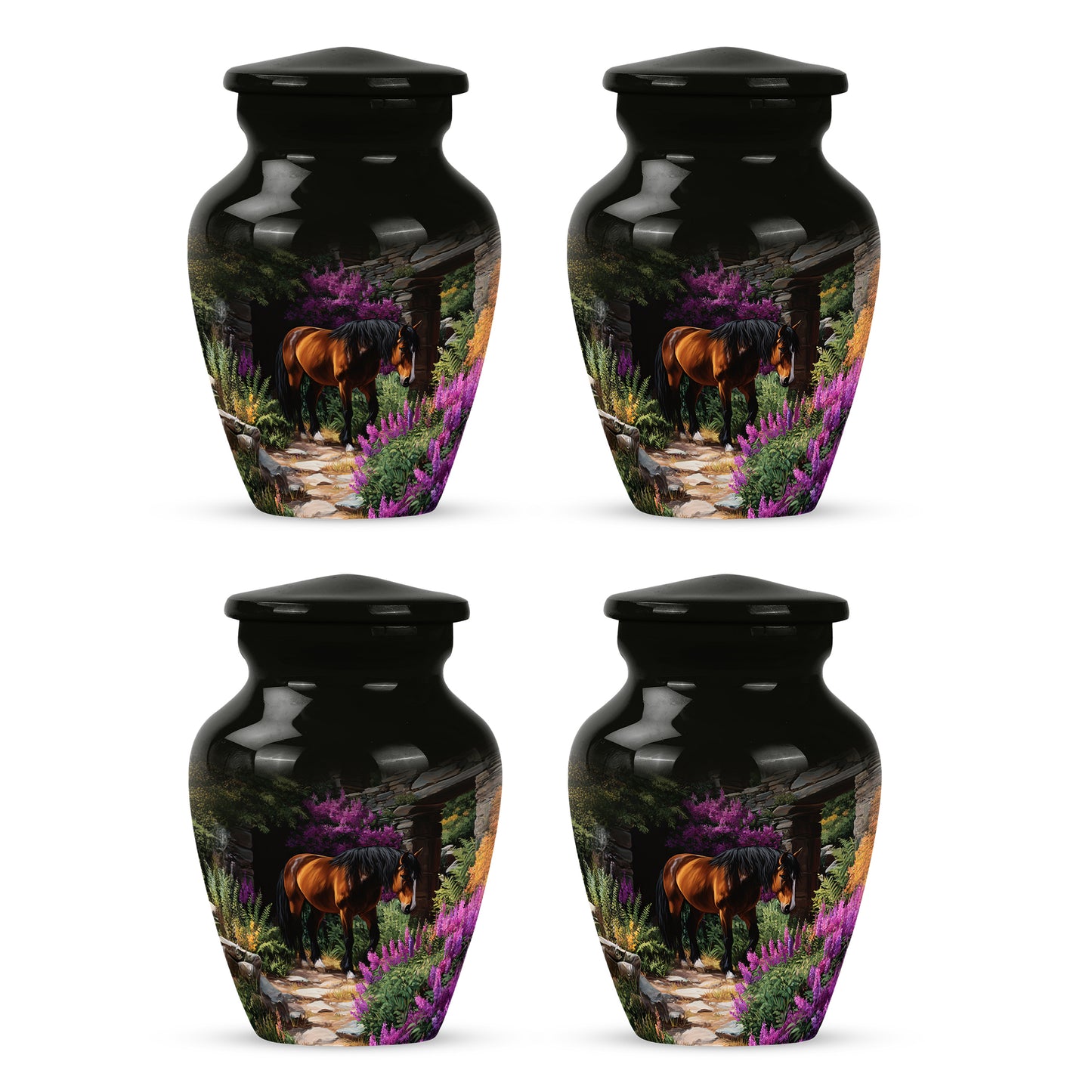 Obsidian Black Horse Cremation Urn side profile showing urn shape - traditional horse engraving with hand-polished finish - 10 inch aluminum urn for cremated remains