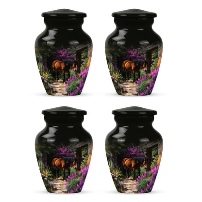 Obsidian Black Horse Cremation Urn side profile showing urn shape - traditional horse engraving with hand-polished finish - 10 inch aluminum urn for cremated remains