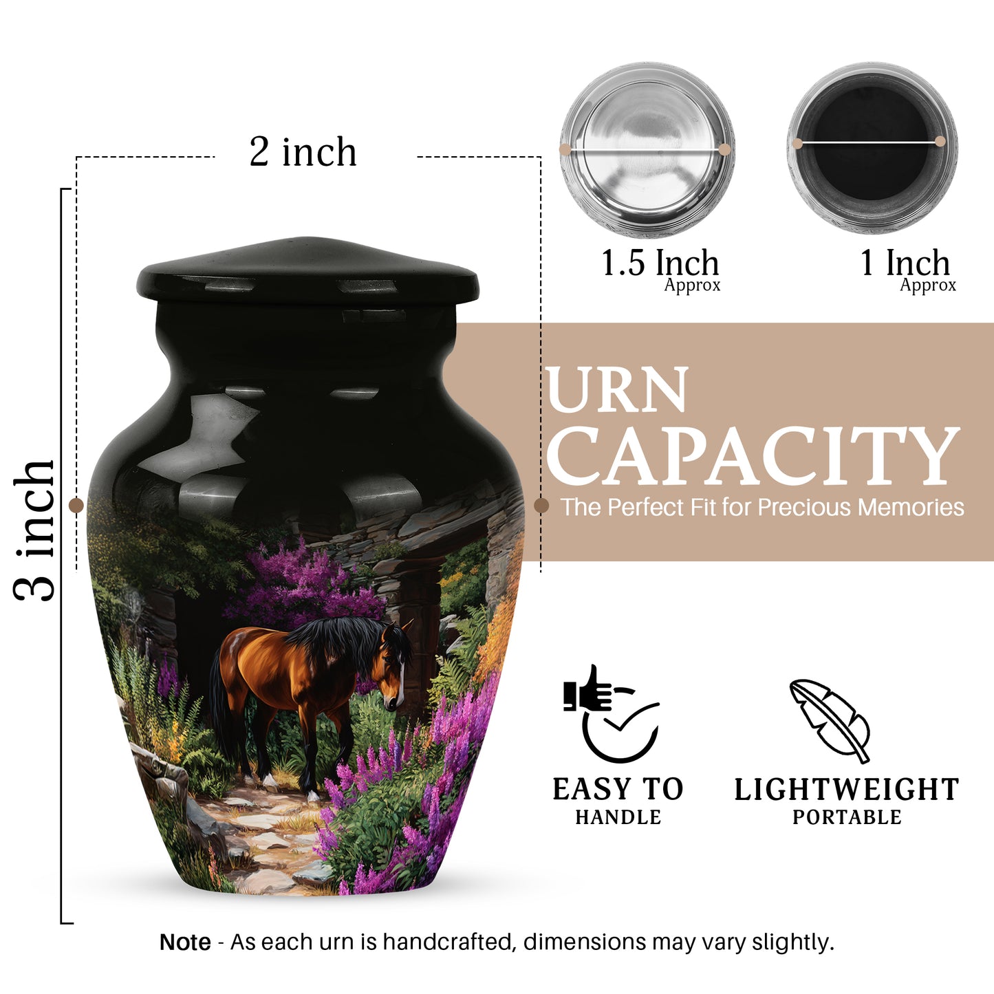 Ebony Horse Cremation Urn close-up of engraving and surface detail - timeless horse motif etched into premium metal - mini keepsake memorial for portion of cremation ashes