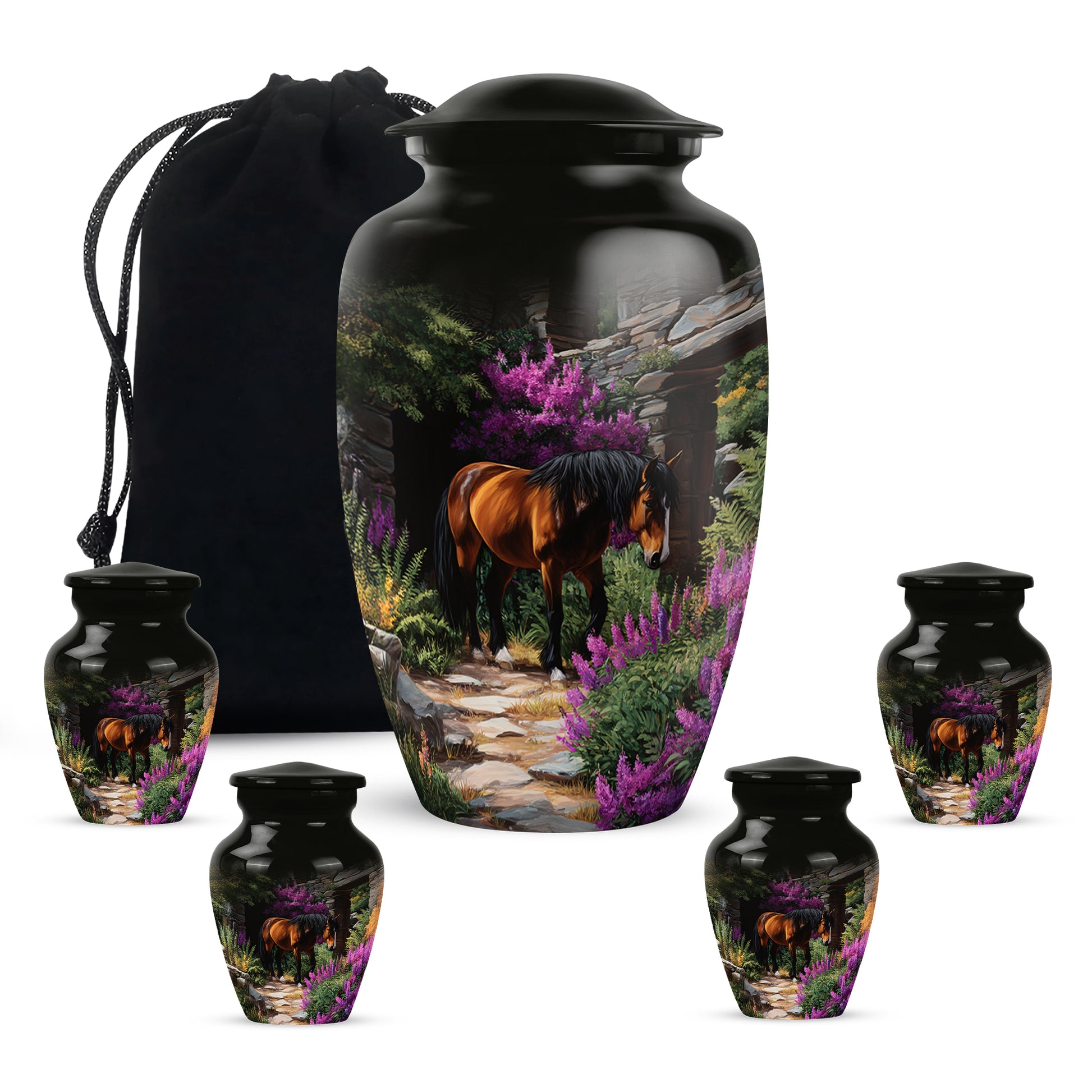 Rich Black Horse Cremation Urn top-down view of secure threaded lid - classic sculpted horse pattern on smooth aluminum - memorial set with one large and four small urns